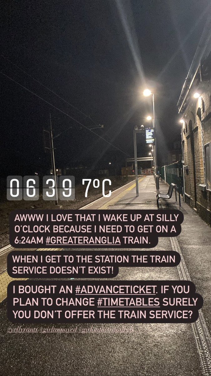 yellywelly's tweet image. Well this takes the cake @greateranglia. You let me buy a 6:24am #advanceticket but the #trainservice doesn’t exist. Surely your #pointofservice planning can do better? You charge so much already! #yellyrants #girlonthetrainfeels #poorcustomerservice #girlannoyed