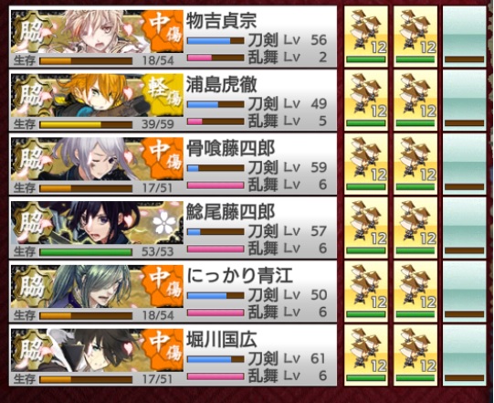 刀剣乱舞 とうらぶ 攻略まとめ 刀剣乱舞 鬼退治 攻略編成 東ボス 極脇差6 中傷出陣 全員金豆 がおすすめ 東ボスでも豆被害を減らせます うまくいけば豆被害ゼロ突破できる場合や敵の鬼刀装すべて破壊できる場合があります T Co