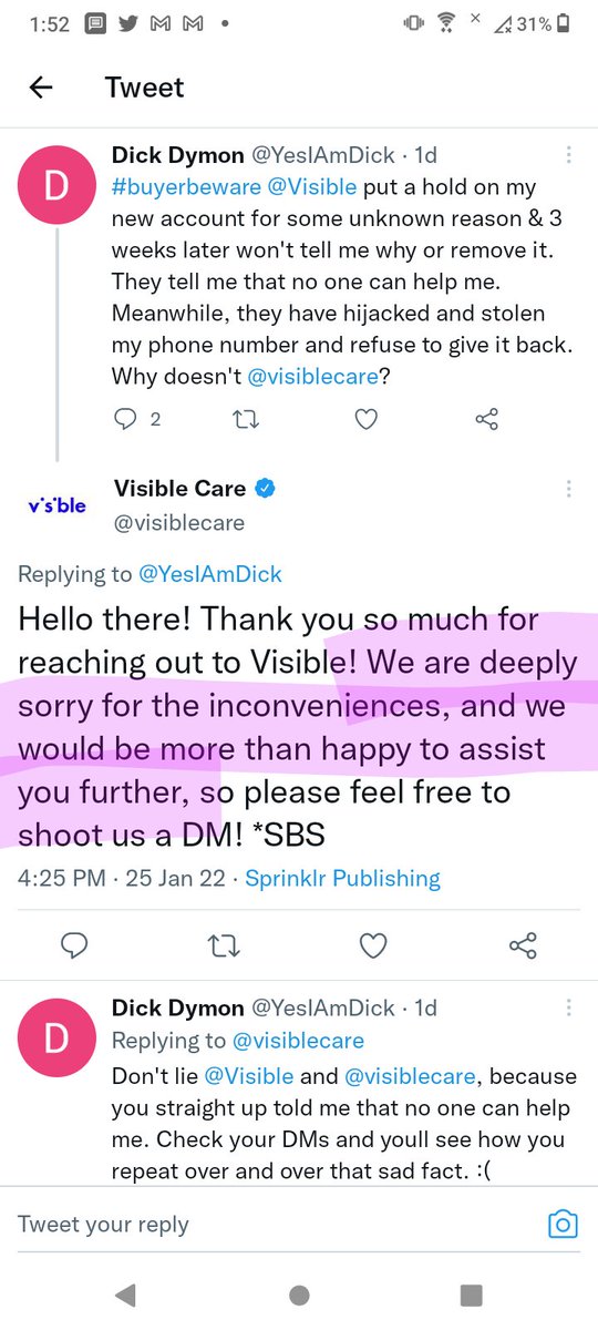 YesIAmDick's tweet photo. So which one is it, @Visible?!? Does @visiblecare or not?!? I'm getting mixed messages per the screenshots attached. #buyerbeware #boycottvisible #saynotobadcustomerservice #worstexperienceever https://t.co/PH4bBt6BM3