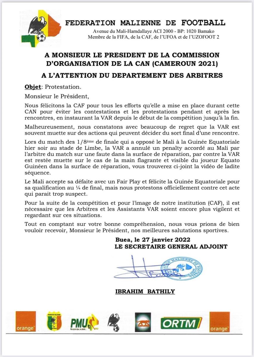 Football ⚽️ :: La Fédération Malienne de Football (#FEMAFOOT) adresse une lettre à la Commission d’organisation de la CAN Cameroun-2021 suite au penalty non sifflé par l’arbitre pendant la rencontre Mali vs Guinée Bissau👇🏿