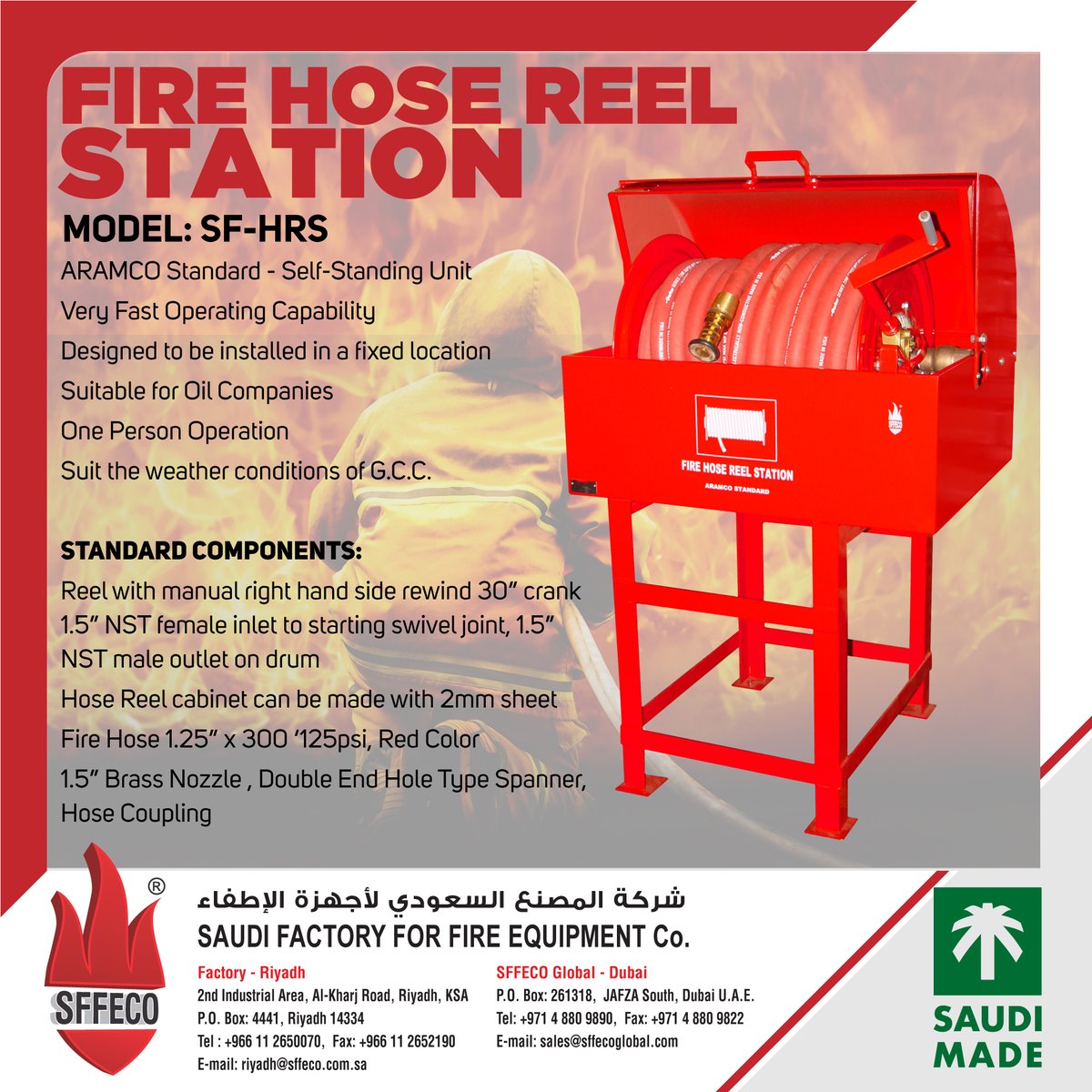 The SFFECO Fire Hose Reel Station Unit is a self-standing unit and it is designed to meet the requirement of oil companies having a dependable, forceful and very fast operating apparatus in firefighting.  
#Hose_reel #swivel #oilandgasindustry #firecabinet https://t.co/sT5HMgQSmx