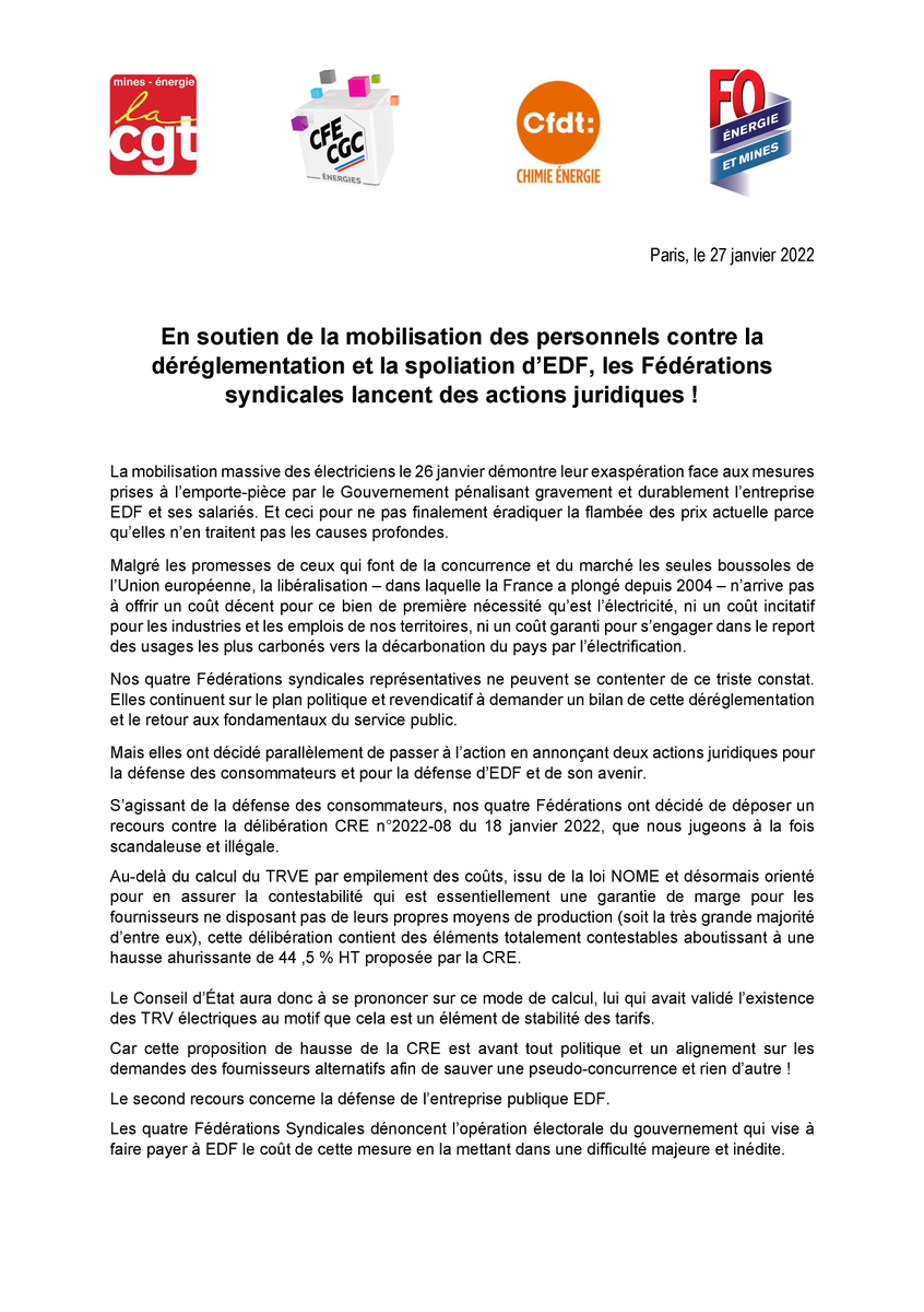 FCE_CFDT's tweet photo. FCE | En soutien de la mobilisation des personnels contre la déréglementation et la spoliation d’EDF, les Fédérations syndicales lancent des actions juridiques ! https://t.co/FIHQrlRLTl @EDFofficiel #greveEDF https://t.co/7ZIrvERX0R