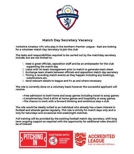 WE ARE RECRUITING! 
We are looking to appoint a new Match Day Secretary at the club. If you are interested (or know anybody who would be) please contact us via our DMs. 

Please share