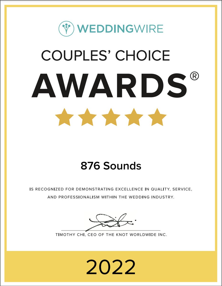 876sounds's tweet photo. In the words of @originalkoffee, "Gratitude is a must".  Again are recognized by @WeddingWire with 2022 Couples' Choice Award®! Thanks to all out couples who gave their 5-star reviews during 2021. https://t.co/PBJeQjC5cD https://t.co/IwZNOQ7XwO