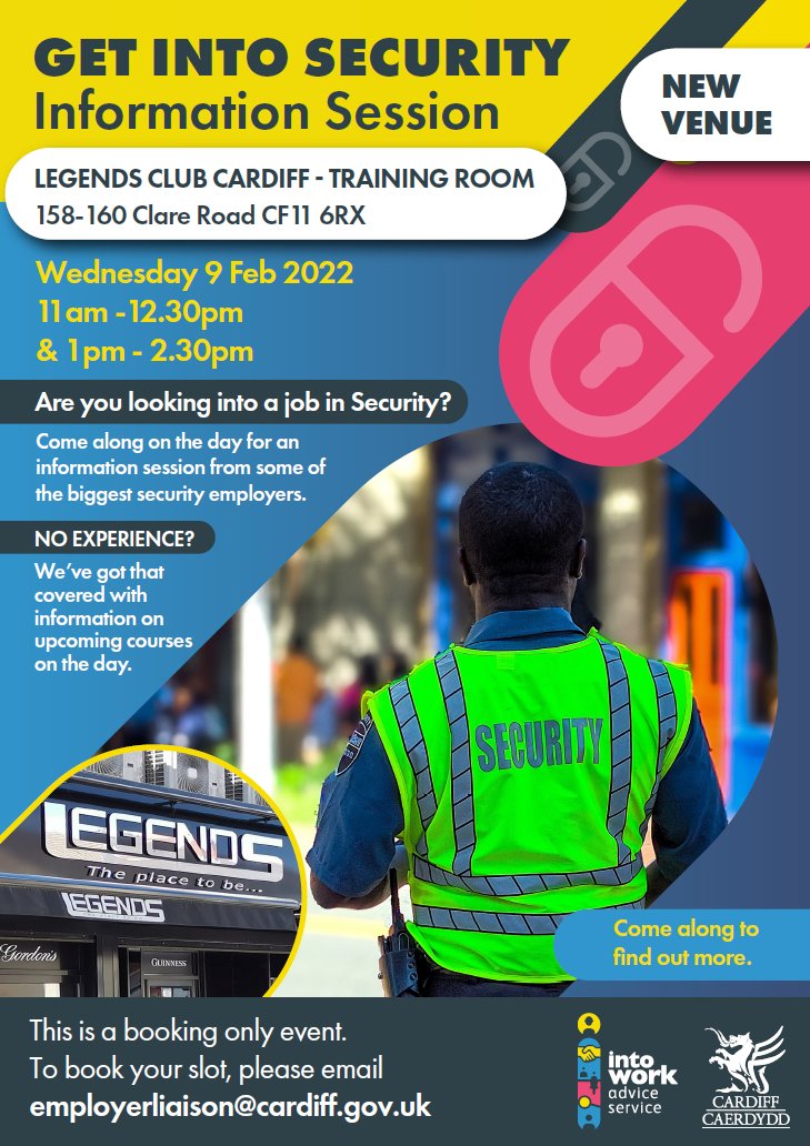 IntoWorkCardiff's tweet photo. 🔒 Pop on down to Legends Club on the 9th of February for our 'Get Into Security' event! Learn all about security roles from some of the biggest employers in the sector! #security #jobs #training #intoworkcardiff https://t.co/MHceUbSGKU