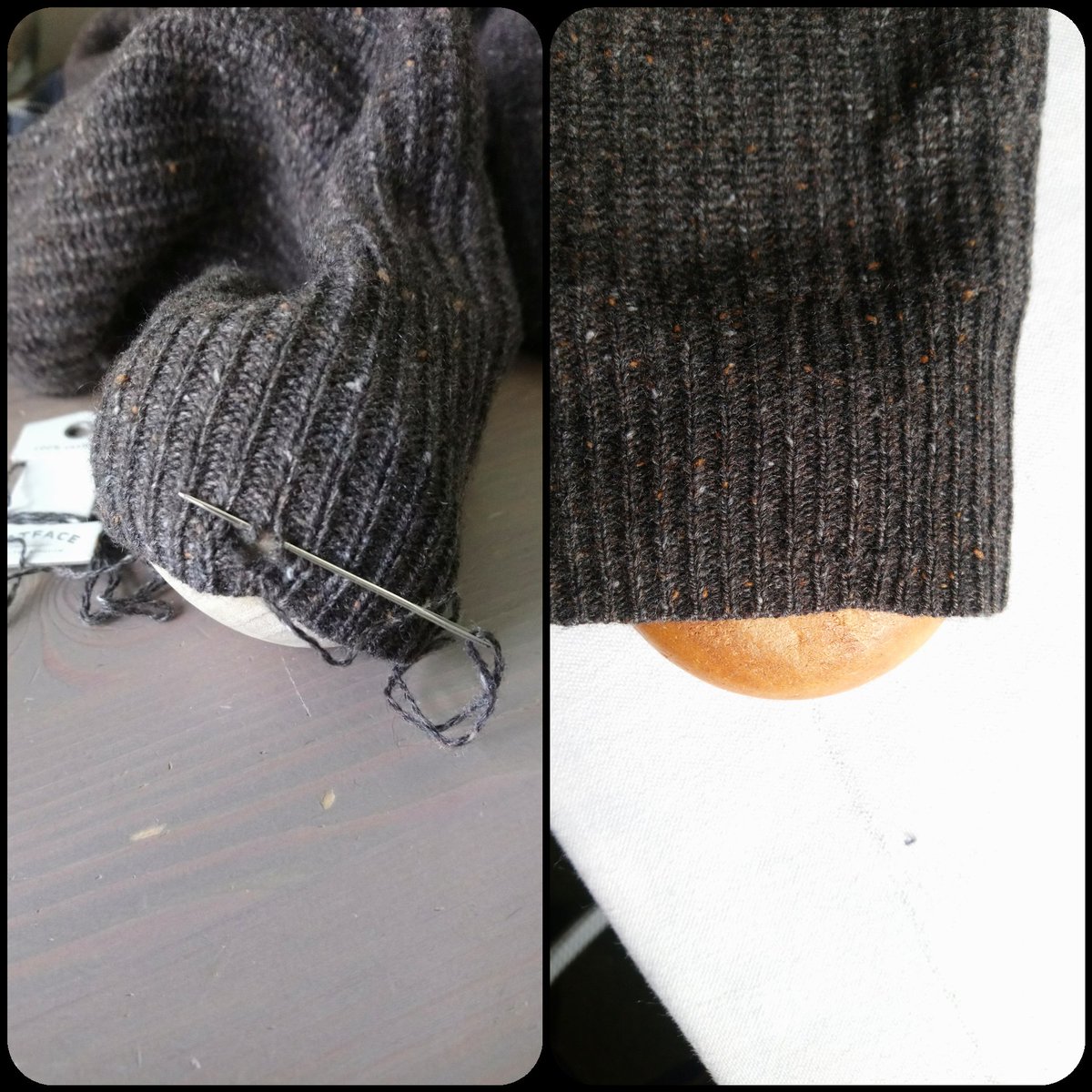 Thank you for providing the yarn <a href="/ruchamajb/">R Johnston-Bloom</a> <a href="/FatFace/">FatFace</a> 😊

 #InvisibleMending is easier with matching yarn + appropriate #DarningMushroom. ✌️