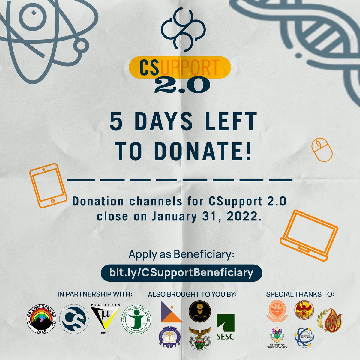 upcssc's tweet photo. ‼️5 DAYS LEFT TO DONATE‼️

We need to help each other make accessible, quality education a reality for every UP Diliman College of Science student during the pandemic. Below are four testimonies from CSupport beneficiaries last semester. https://t.co/MSrpwFlhsK