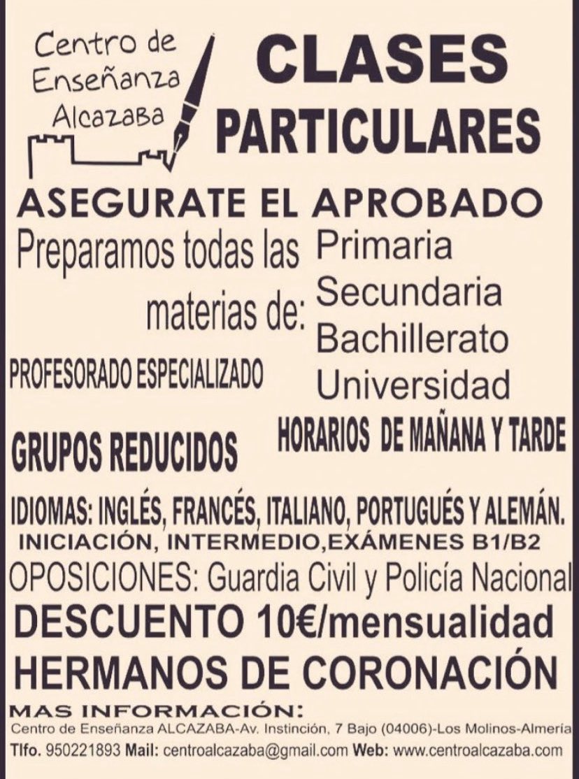 CentroAlcazaba's tweet photo. YA HEMOS COMENZADO EL 2022!!NO TE QUEDES SIN PLAZA!!!
CLASES PARTICULARES TODO EL AÑO. Más info: 950221893 https://t.co/YzSIEB1f47
