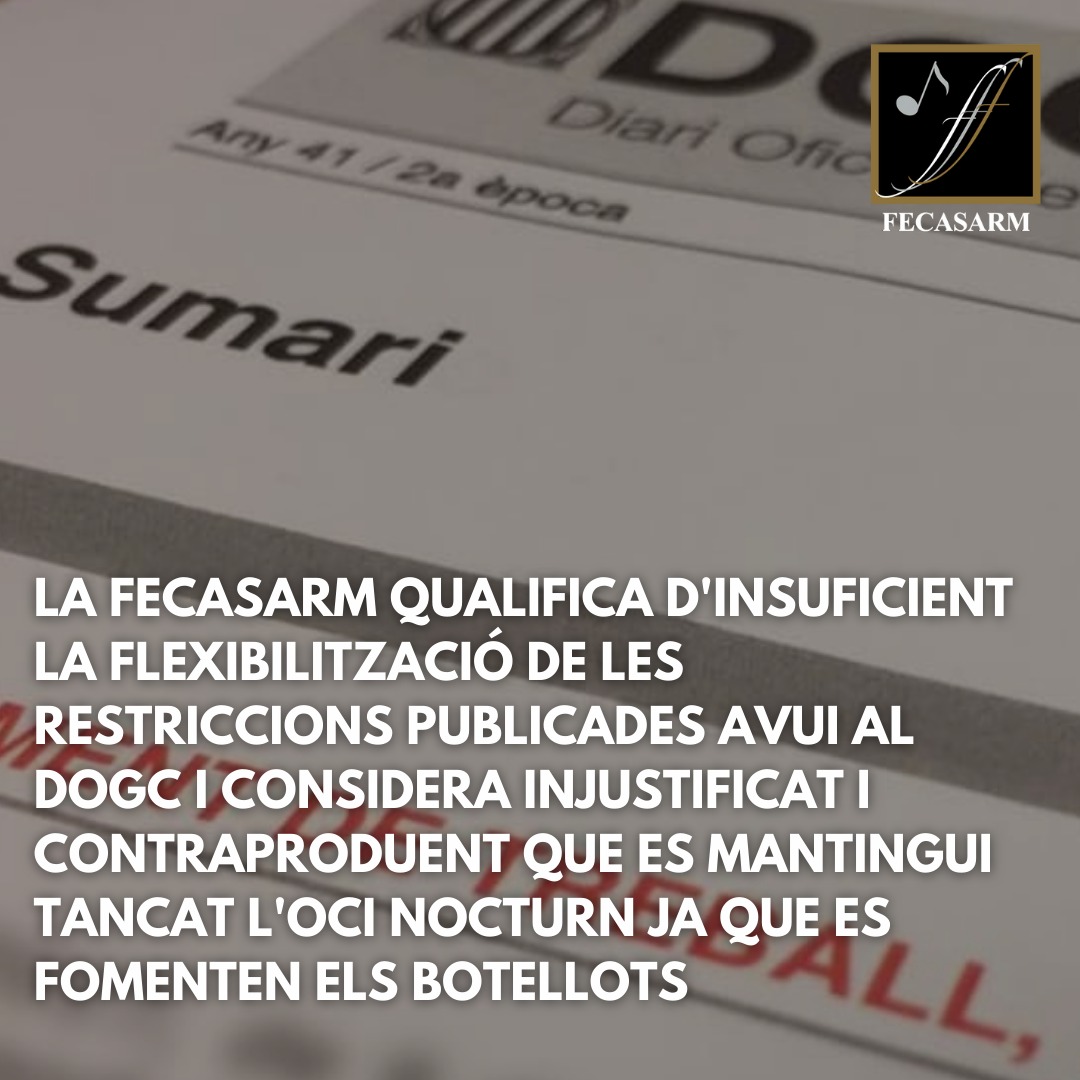 FECASARM's tweet photo. 🔴#ÚltimaHora La @FECASARM qualifica d'insuficient la flexibilització de les #restriccions i considera del tot #injustificat i contraproduent que es mantingui tancat l'oci nocturn ja que incentiva els #botellots i les #festes privades.
https://t.co/5SyLiIQFml https://t.co/wYCQLY8YEE