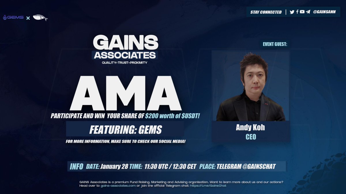 Welcoming Andy from <a href="/gemsgg_official/">GEMS Esports 3.0 Platform</a> —QUIZ &amp; AMA

Ask questions below and on Telegram (t.me/GainsChat) on 28-01-2022 at 11:30 UTC for a chance to win your share of $200 worth of $USDT

In order to win, RT this message, tag 2 friends &amp; follow 
<a href="/gemsgg_official/">GEMS Esports 3.0 Platform</a>

#GainsAMA