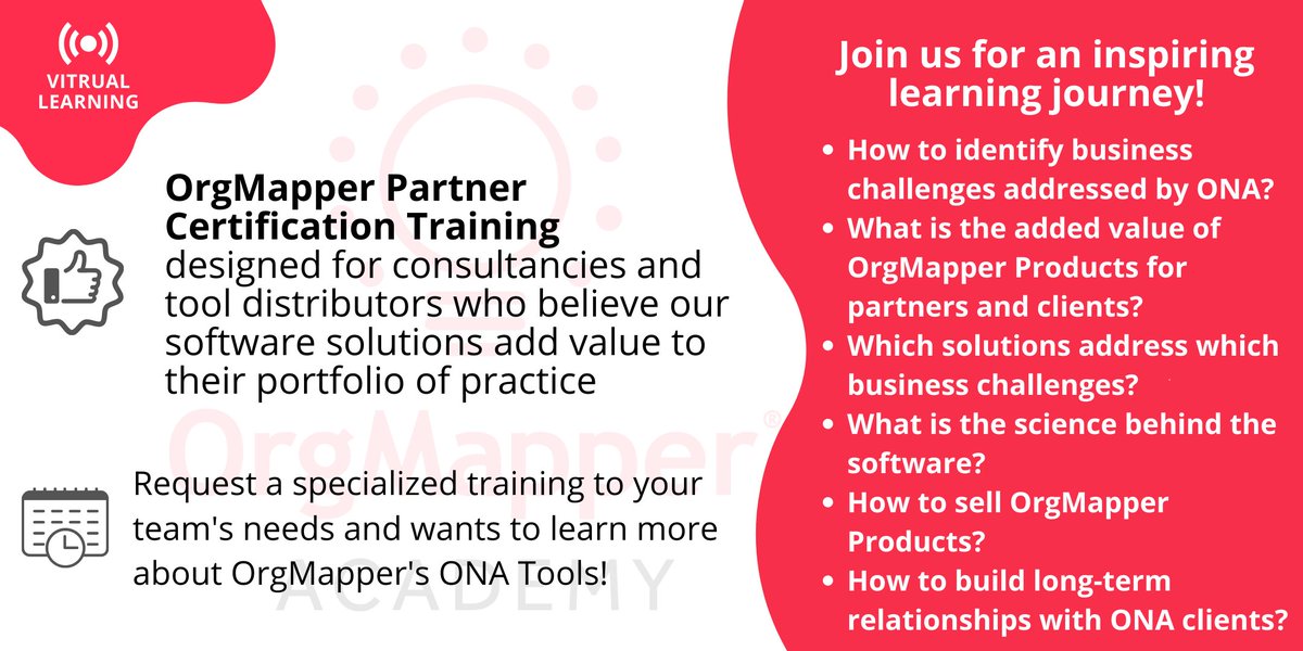 Looking to expand your portfolio? 🧐 Become a certified partner📌More info: orgmapper.com/event/orgmappe…
Improve your knowledge and practice portfolio with a much sought-after repertoire of instruments for analyzing and understanding social and professional networks in organizations🌎