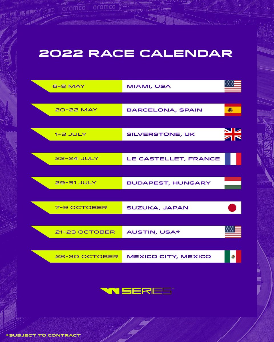 Following on from our announcement, here’s a look at our eight race locations. ⬇️

2022 is set to be a mega year. 🤩

#WSeries #F1