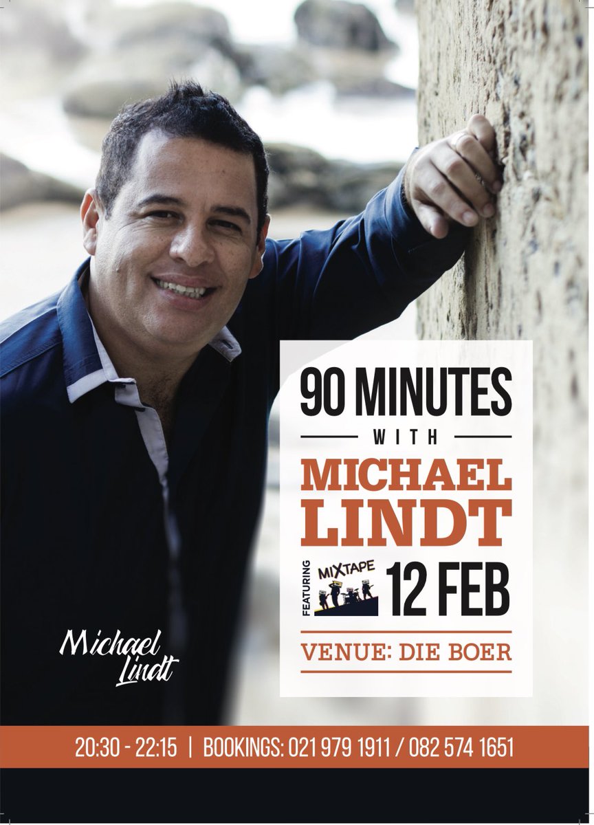 Onthou om jou kaartjie te bespreek by Die Boer teater en restaurant in Durbanville vir my "90 minutes" optrede. Ek tree hierdie keer op met 'n "live band". Dit gaan lekker wees en ek hoop om jou daar te sien op 12 Februarie.
KOOP JOU KAARTJIE HIER 👉 dieboer.com/event/DMQ/book…