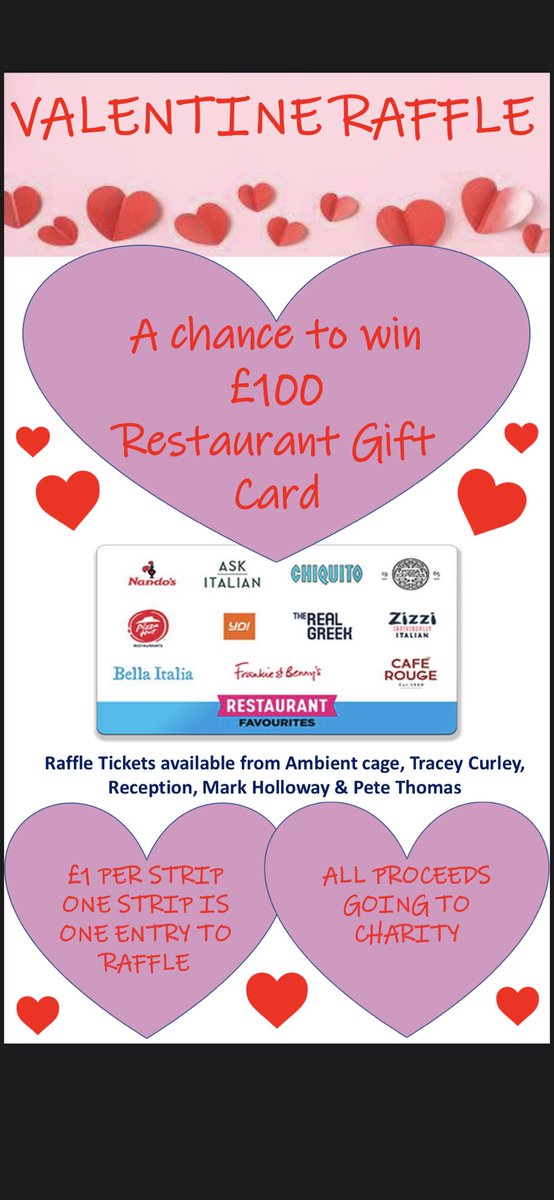 TraceyAvCDC's tweet photo. Raffle tickets are now on sale across all shifts for a chance to win a £100 restaurant gift card. £1 per strip and all proceeds to MIND. One strip is one entry to draw. The draw will be Thursday 10th February https://t.co/OCLIgDaP3N