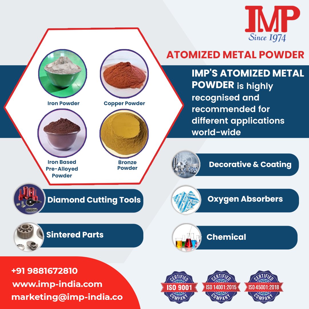 PowdersMetal's tweet image. IMP's Atomized metal powder is highly recognized and recommended for different applications world-wide
-Diamond Cutting Tools 
-Decorative &amp;amp; Coating 

For more details call: +91 9881672810
imp-india.com

#IMP #IMPIndia #HighPurityIronPowder #AtomizedMetalPowders