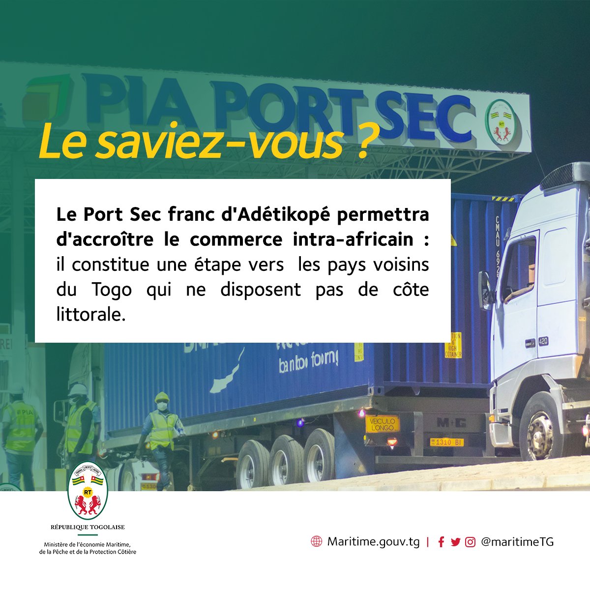 MaritimeTg's tweet photo. #Logistique |• Le #PortSec d'Adétikopé constitue un atout stratégique d'accroissement du commerce intra-africain par sa capacité à desservir les pays du Sahel, marquant ainsi l'ambition du Togo à devenir un hub logistique de 1er rang dans la sous-région.
#Opérationnalisation https://t.co/wJ2OCjWatF