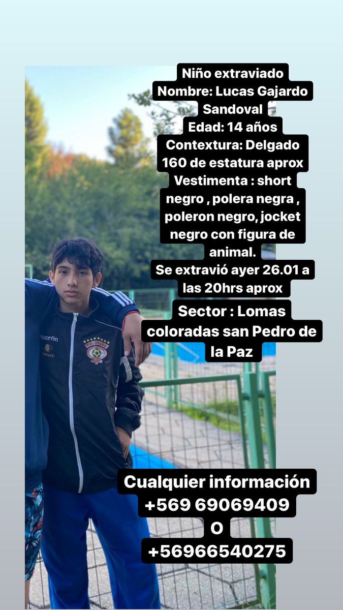 JavicAraneda's tweet photo. Ayuda porfavor 🙏 niño extraviado ayer 26/01/2022 en sector lomas coloradas cualquier información llamar a los números de la imagen!  🙏🙏 #SanPedrodelaPaz #Concepcion #Talcahuano #hualpen @PDI_CHILE @Carabdechile https://t.co/mJ2cImwgd2