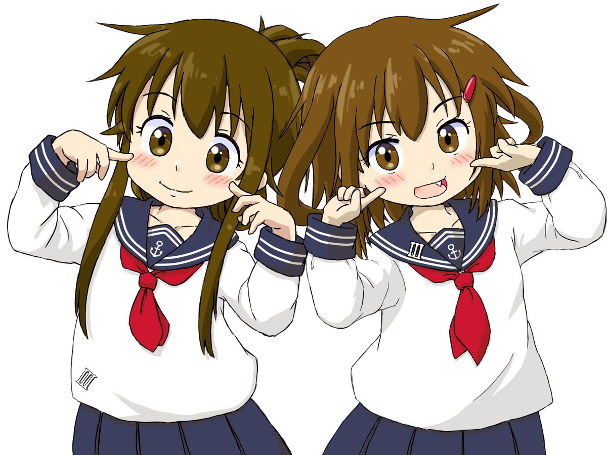 ikazuchi (kancolle) ,inazuma (kancolle) multiple girls 2girls school uniform brown hair serafuku brown eyes fang  illustration images