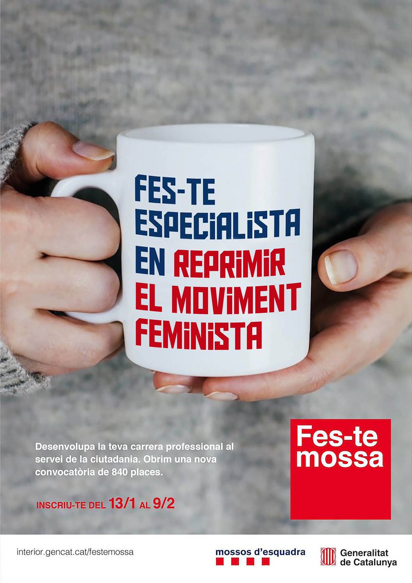 femis_de_gracia's tweet photo. “Fes-te especialista en violència masclista, fes-te mossa”
Diu qui ens revictimitza cada vegada que anem a denuncia, qui exerceix violències a diari, que treu ulls amb bales de goma, que reprimeix al feminisme i blanqueja la extrema dreta.
Un cos policial amb una base masclista. https://t.co/OnloazLQrb