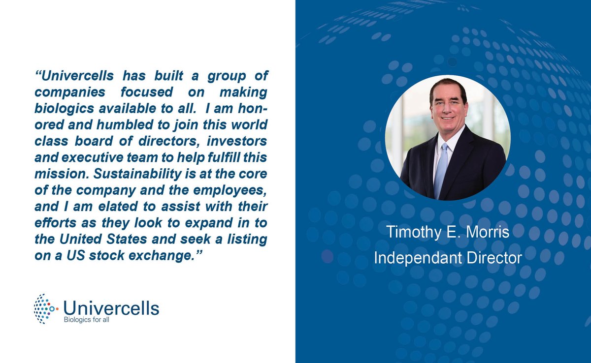 📢 Press Release - Univercells is pleased to announce the appointment of Timothy E. Morris as an independent director to its Board of Directors. Read all the details here: univercells.com/news/univercel…