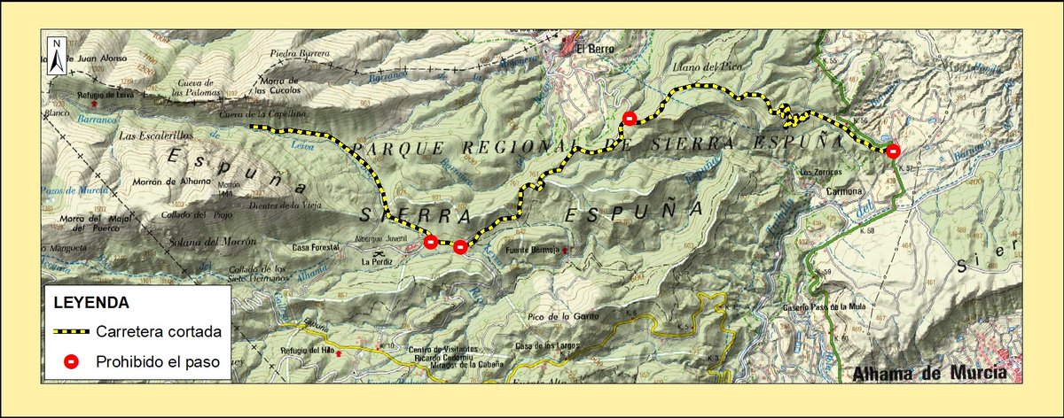 ℹ️ #SierraEspuñaPR #CorteCarreteras HOY y MAÑANA, la carretera de acceso por las Cuestas del Marqués y Casa Leyva, el tramo entre Casa Leyva y Huerta Espuña y la pista forestal de acceso al Valle de Leyva estarán cortadas por motivos de seguridad debido al tránsito de camiones 🚛