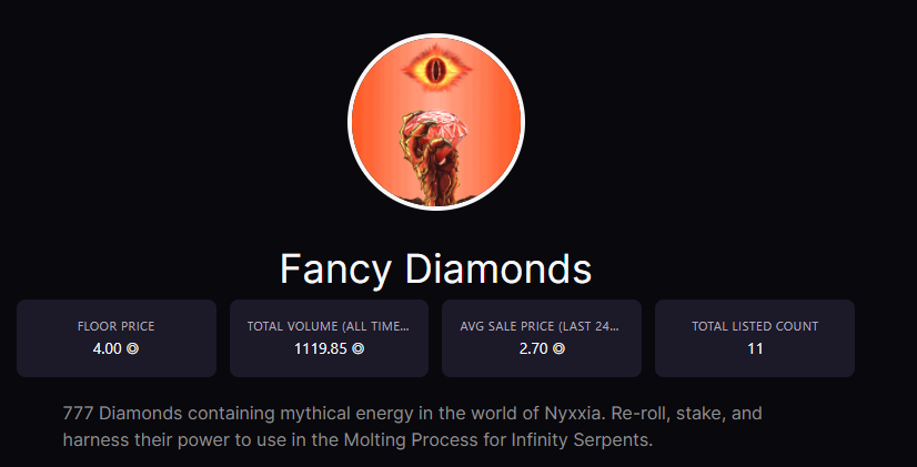 Things are happening. People in high anticipation of our <a href="/InfinitySerps/">BTC Immortal Dragons / SOL Infinity Dragons</a> drop. Fancy Diamond owners receive whitelist.

11 listed = 1.5%. Only 4 til a 10 SOL FP.