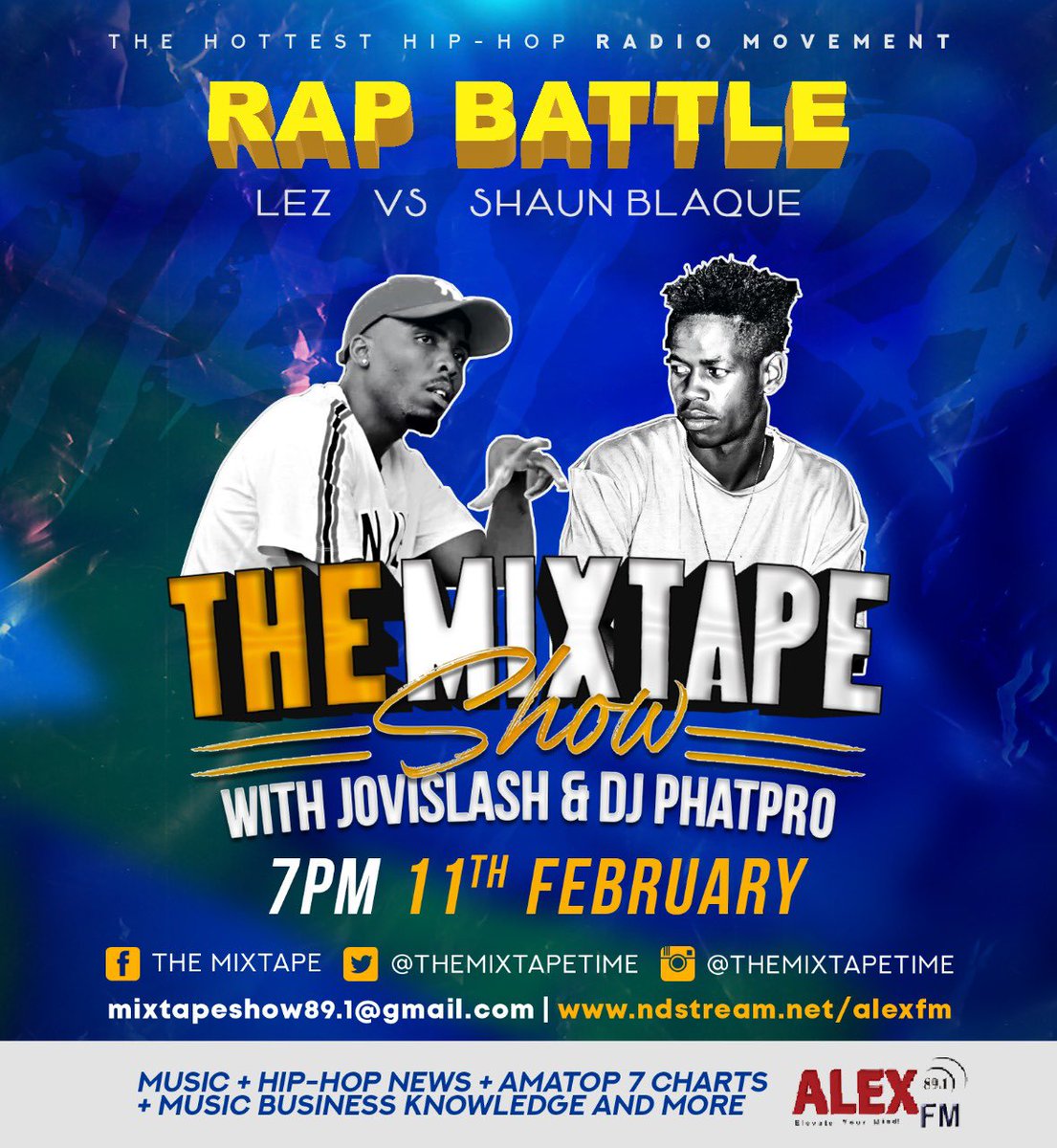 Raplat4m_'s tweet photo. 2 Alex Rappers have been going back &amp; forth on tracks social media &amp; press. The battle to settle it all is on. Who are you going with?

Tune into the Mixtape show [@AlexFMRadio891] on the 11th of Feb for the live battle. Stream link on bio. #TheMixtapeTime #MixtapeBattle https://t.co/IYiRMbztsx