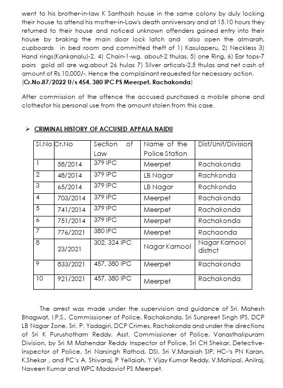 MalkajgiriCop's tweet photo. Swift action by the @meerpetps &amp; immediate arrest of notorious burglar within 4 hours &amp; #recovered 260 grams of gold ornaments, 25 grams of silver articles, net cash of Rs.200/-, one #lenovo laptop &amp; power bank, all w/rs. 13,10,000/-.
@mahmoodalitrs @TelanganaDGP @TelanganaCOPs https://t.co/90yPKZkCks