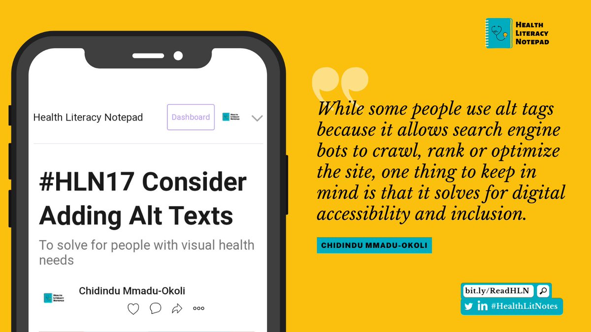iamchidindu's tweet photo. #DYK that you can create health content that is digitally accessible to people with visual health needs?
In edition 17 of #HealthLitNotes, I share why and how to use #AltTexts when publishing #images or #graphic information.
Click to learn more.
https://t.co/5Zh1XCS3eg https://t.co/oaIpWCchIG