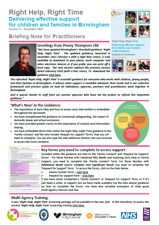 BirminghamLSCP's tweet photo. Birmingham Practitioners - have you downloaded the refreshed Right Help, Right Time guidance, version 5 - December 2021? https://t.co/WGdAJrXFQw #RHRT #Safeguarding. The briefing note, details the changes made to the guidance @penny_thompson #RHRT https://t.co/nCbB5cN57A