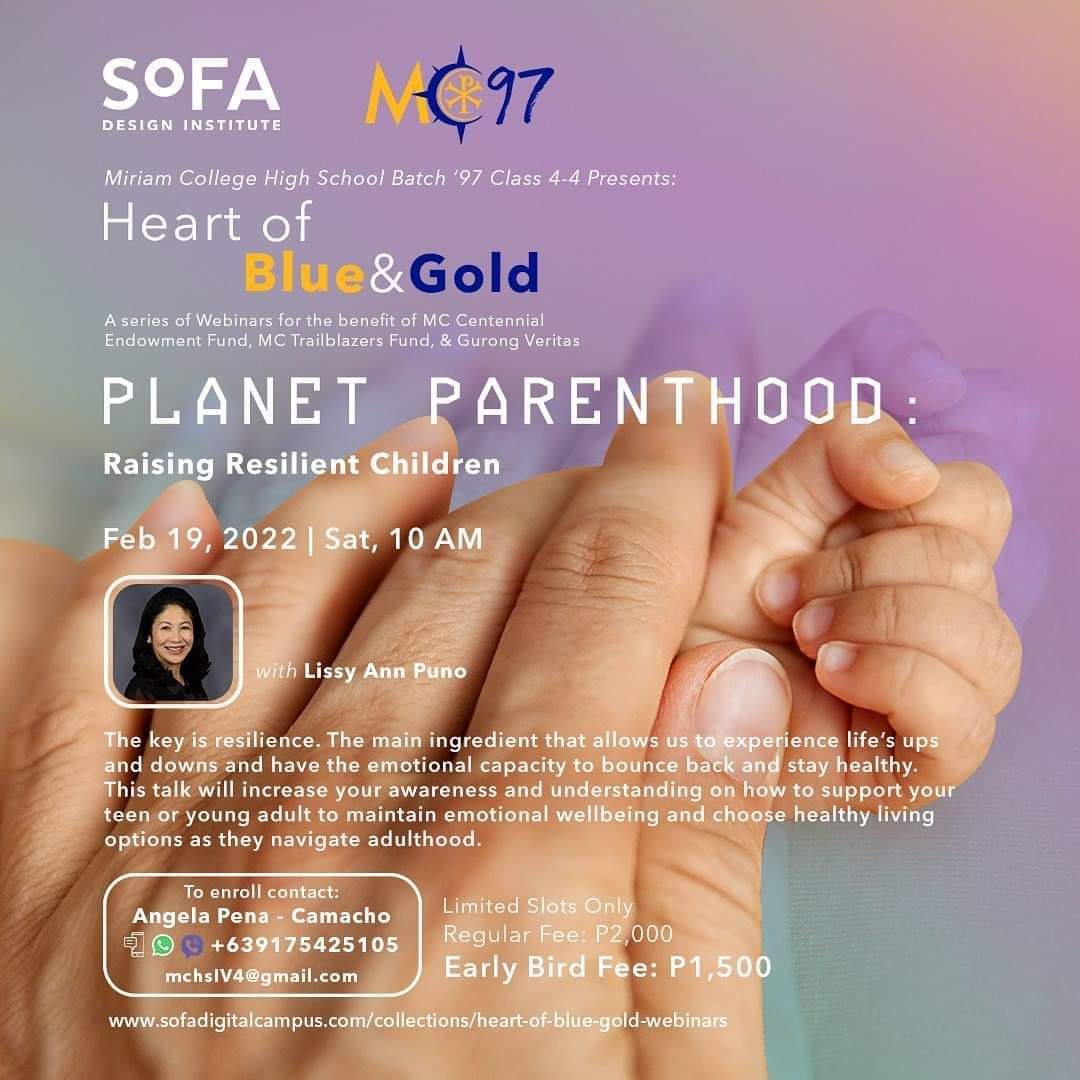 Learn about parenting in:

Planet Parenthood: Raising Resilient Children (Feb 19/ Sat/ 10AM PHT)
This talk by Lissy Ann Puno will increase your awareness and understanding on how to support your teen or young adult

Order your tickets now at sofadigitalcampus.com/collections/he… 

#MCompass