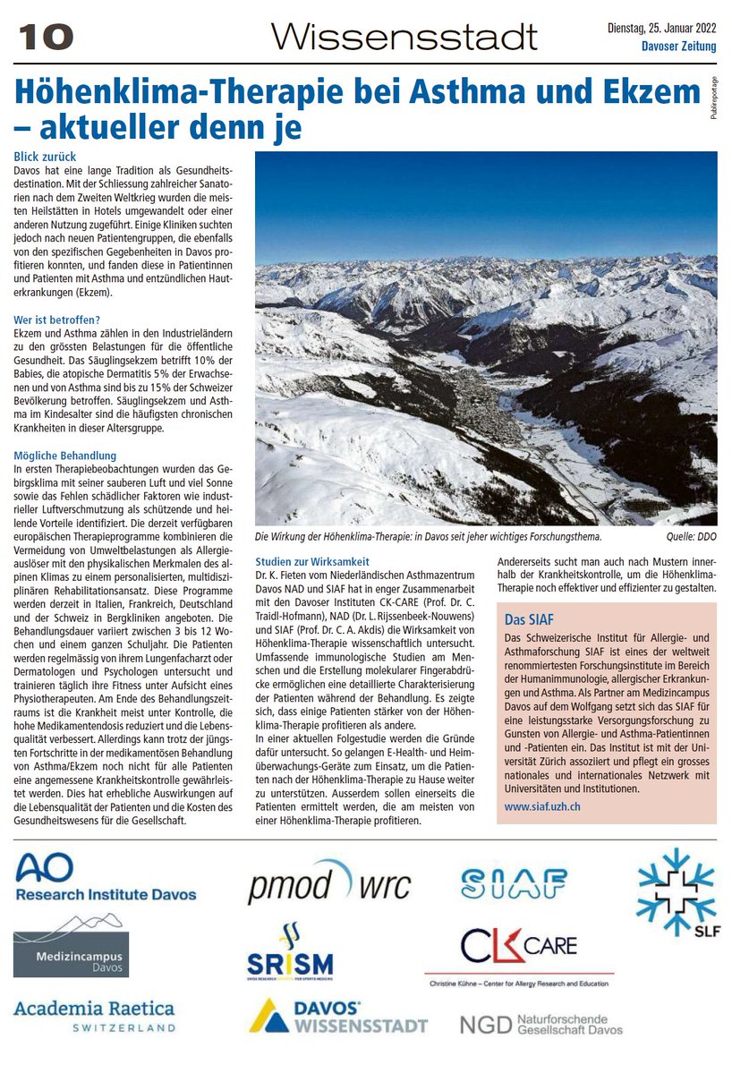 This week, it's the turn of <a href="/SIAF_UZH/">SIAF</a> to present an interesting research topic in the monthly science article in the local newspaper #DavoserZeitung organised by <a href="/wissensstadt/">WissensstadtDavos</a>. The topic is the high altitude therapy to treat asthma and eczema.