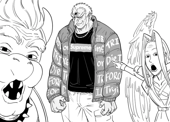 Patreon request:
Drip Goku version of Dripped Out Ganondorf, with Bowser and Sephiroth doing the Soyjacks pointing.

It's really hard to draw Bowser making the Soi face, just based on his non-human skeletal structure. 
