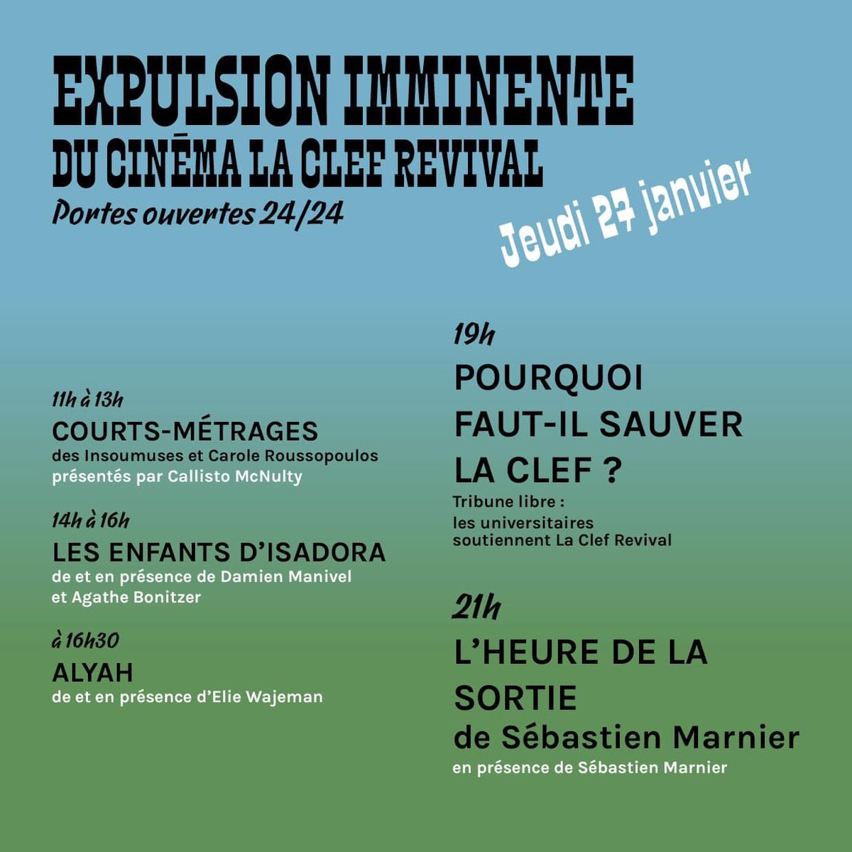🔑Le programme du jour à La Clef. #SauvonsLaClef de l’expulsion intentée par la <a href="/CFECGC/">CFE-CGC</a> et le #GroupeSOS 👿👿👿
