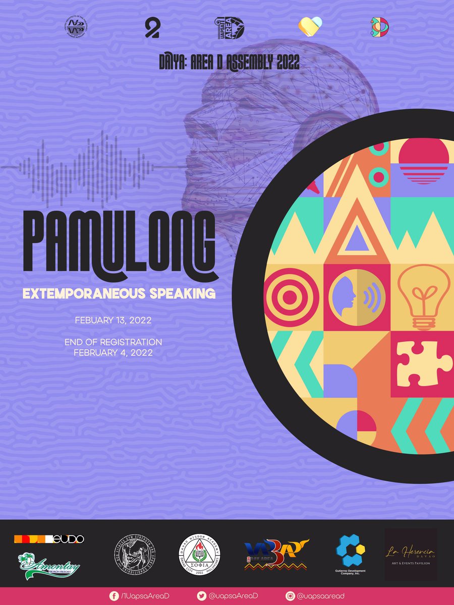 uapsaAreaD's tweet photo. LOOK | The 𝟭𝟮𝘁𝗵 𝗔𝗿𝗲𝗮 𝗗 𝗔𝘀𝘀𝗲𝗺𝗯𝗹𝘆 Extemporaneous Speech Competition ℙ𝔸𝕄𝕌𝕃𝕆ℕ𝔾: 𝕎𝕠𝕣𝕕𝕤 𝕒𝕟𝕕 𝕎𝕚𝕥𝕤 on Facebook | 𝔽𝕖𝕓 𝟙𝟛 𝕒𝕥 𝟛:𝟘𝟘 𝕥𝕠 𝟝:𝟘𝟘 ℙ𝕄. Register below!

https://t.co/vHdkY9nxHq

#AreaDasig
#OneLoveOneAreaD
#ADA2022
#UAPSAAreaD https://t.co/AJTwU6IkZX