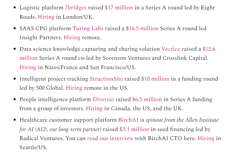 5 ML companies are hiring:
1. <a href="/the7bridges/">7bridges</a>, logistics
2. <a href="/birch_ai/">Birch.ai</a>, healthcare customer support
3. <a href="/diversioglobal/">Diversio</a>, people intelligence
4. <a href="/VecticeAI/">vectice</a>, data science knowledge capturing
5. <a href="/StructionSite/">StructionSite</a>, intelligent project tracking

Details: thesequence.substack.com/p/-the-moe-mom…