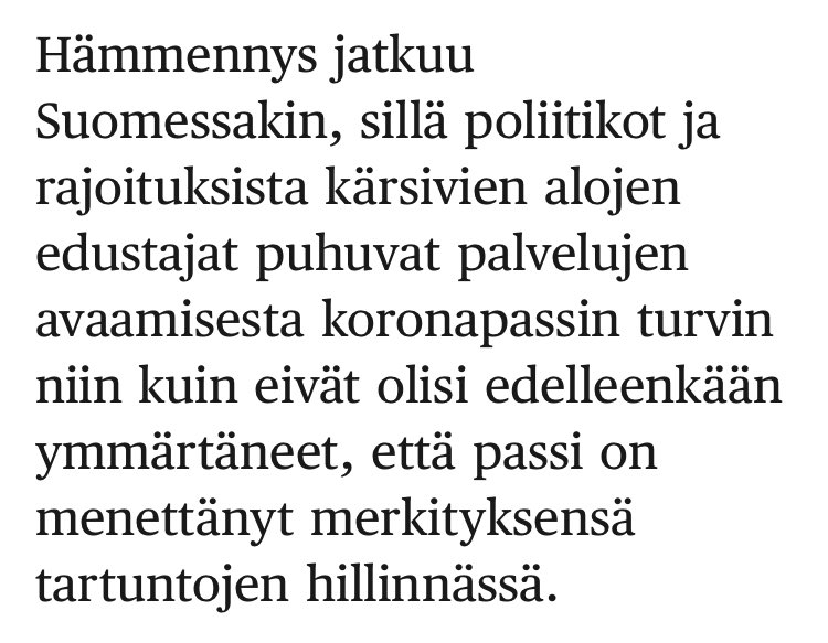 PauliRautiainen's tweet image. Koronapassin käyttö on perustettava syrjinnän kieltojen kannalta hyväksyttävään syyhyn. Pelkkä halu asiakasvalikointiin tai rokotettujen turvallisuudentunteen ylläpitäminen ei riitä perusteeksi. Jos passi ei ole epidemian hallinnan kannalta välttämätön, se ei ole hyväksyttävä.