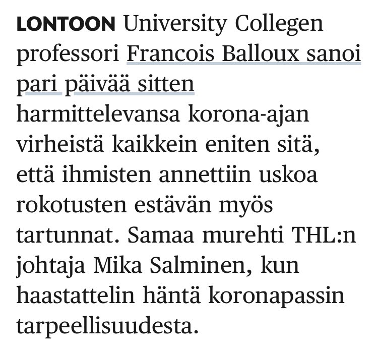 PauliRautiainen's tweet image. Koronapassin käyttö on perustettava syrjinnän kieltojen kannalta hyväksyttävään syyhyn. Pelkkä halu asiakasvalikointiin tai rokotettujen turvallisuudentunteen ylläpitäminen ei riitä perusteeksi. Jos passi ei ole epidemian hallinnan kannalta välttämätön, se ei ole hyväksyttävä.