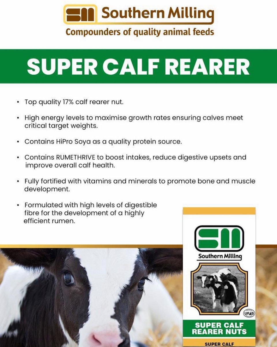 🟢 SOUTHERN MILLING CALF RANGE 🟢 Please contact a rep or find office contact details in our bio for further information on our high quality milk replacer, starter calf pencils or super calf rearer nut 🟢🐮