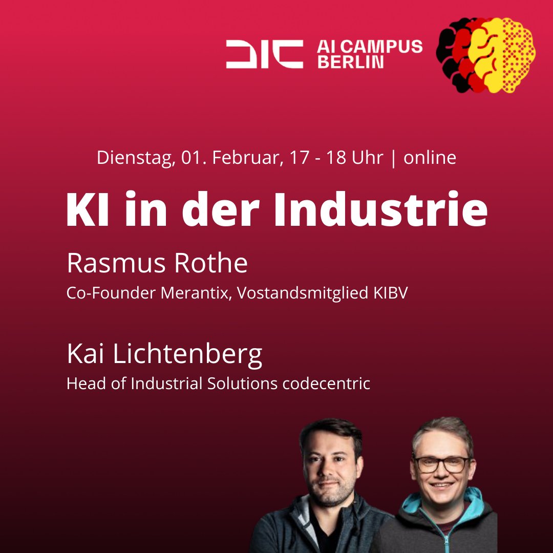 KI Bundesverband (@ki_verband) on Twitter photo 🗯 Komm zum Gespräch über #KI in der #Industrie! 01. Februar, 17 – 18 Uhr⏰ Mit dabei 🗣 <a href="/rasmusrothe/">Rasmus Rothe</a>, Co-Founder von <a href="/Merantix/">Merantix Group</a> und Vorstandsmitglied des KIBV & <a href="/kai_lichtenberg/">Kai Lichtenberg</a>, Head of Industrial Solutions & Machine Learning Engineer bei <a href="/codecentric/">codecentric AG</a>. 👉🏽bit.ly/3AzaMUP 🗯 Komm zum Gespräch über #KI in der #Industrie! 01. Februar, 17 – 18 Uhr⏰ Mit dabei 🗣 <a href="/rasmusrothe/">Rasmus Rothe</a>, Co-Founder von <a href="/Merantix/">Merantix Group</a> und Vorstandsmitglied des KIBV & <a href="/kai_lichtenberg/">Kai Lichtenberg</a>, Head of Industrial Solutions & Machine Learning Engineer bei <a href="/codecentric/">codecentric AG</a>. 👉🏽bit.ly/3AzaMUP