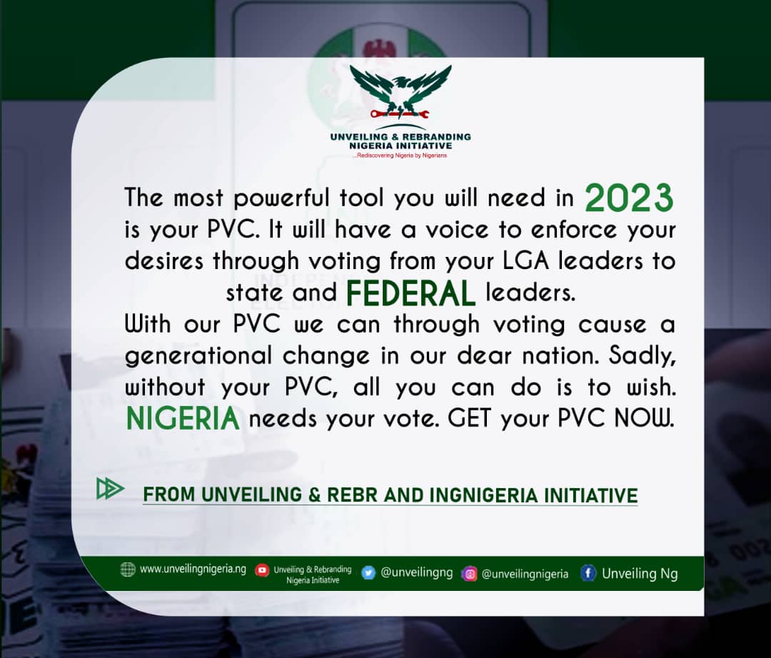 unveilingng's tweet photo. Get your PVC
Follow the link https://t.co/6EuiL1rQBs
#MyPVCMyFuture
#MyPVCmyPower
#MyPVCMyDesides
@inecnigeria @yinigeria https://t.co/I5VUCGiC7i