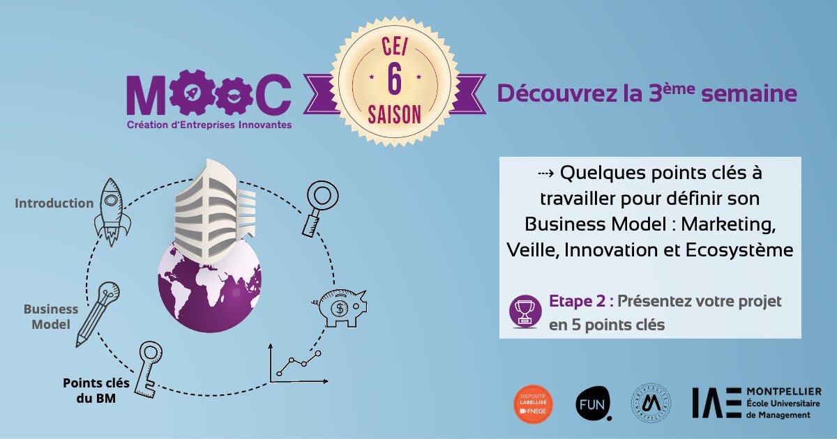 Cette semaine, nous vous proposons d’approfondir certains points clés du #BusinessModel.💡Découvrez également des témoignages sur l’innovation: <a href="/pierreAlzingre/">Pierre Alzingre</a>, Armelle Léonard, <a href="/CatherinPommier/">Catherine Pommier</a> &amp; <a href="/loicsoubeyrand/">Loïc Soubeyrand</a>!
🏆Jeu concours: Présentez votre projet en 5 slides sur <a href="/FunMooc/">France Université Numérique</a> 📰