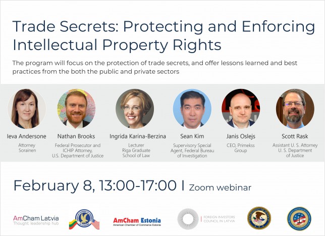 amchamlat's tweet photo. Sign up for Pan-Baltic webinar on Trade Secrets: Protecting and Enforcing IPR on February 8 (13:00-17:00). Complimentary for members of @amchamlat, @AmChamLithuania, @AmchamEstonia and @FICILatvia. RSVP by February 8 : https://t.co/knml18uCn5 
#AmChamLV #AmChamEE #AmChamLT https://t.co/qDL4r7UzeY