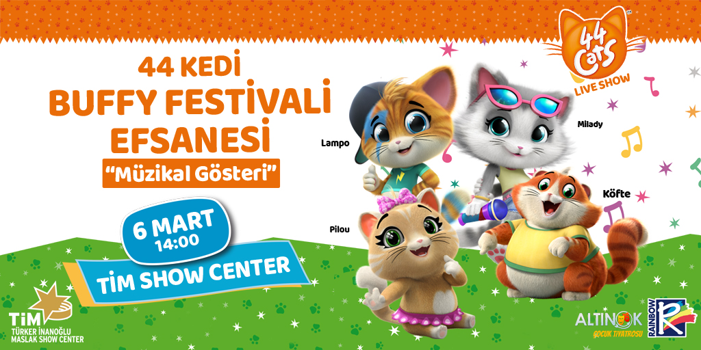 TimShowCenter's tweet photo. Altınok Çocuk Tiyatrosu öncülüğünde dünyaca ünlü 44 CATS Buffy Kediler, Patikulade Maceralarıyla TİM Show Center’a geliyor!🥳
6 Mart 2022 saat 14:00‘te müzikal sahne gösterileriyle TİM Show Center Ana Salon’da çocuklarla buluşacak.
Biletler Biletix ve Tim Show Center Gişesi’nde. https://t.co/Hghd8ysoPq