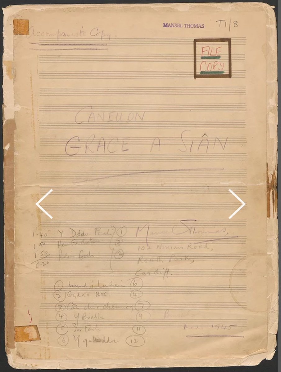 Caneuon Grace a Sian

Mansel Thomas was a composer, conductor and, for many years, the BBC's principal music representative for Wales.

Manuscript vocal score of 'Caneuon Grace a Siân'  comprising twelve songs for children, dedicated to his own daughters.
archives.library.wales/index.php/cane…