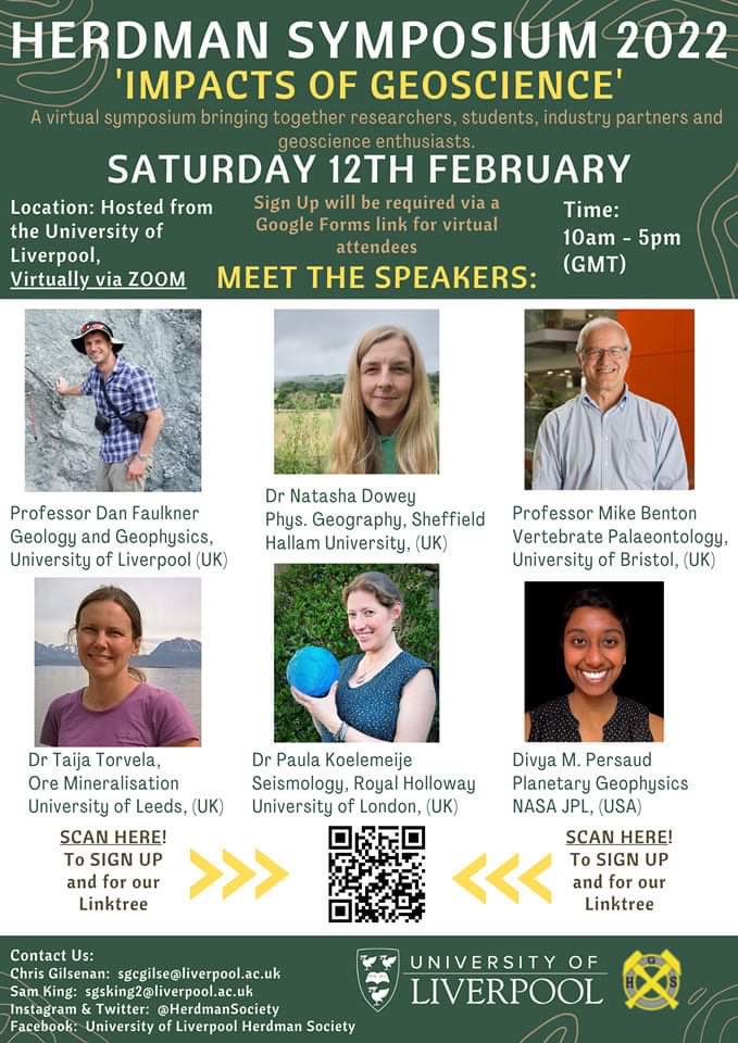 Calling all rock enthusiasts, students, alumni, staff and Herdman members!! 

The Herdman Symposium is back and will be held VIRTUALLY on Saturday 12th February!

The speaker programme has been released - To sign up simply scan the QR code below!