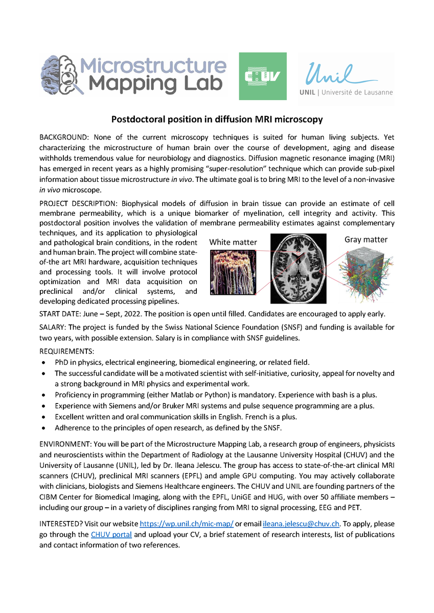 📢Job alert!
I am looking for a talented and motivated postdoc to work on NEXI validation &amp; unexpected applications! ;)
👉🏻 wp.unil.ch/mic-map/join-u… 
❓What is NEXI, you ask. A new microstructure model, check it out: arxiv.org/abs/2108.06121
Retweets and shares appreciated!