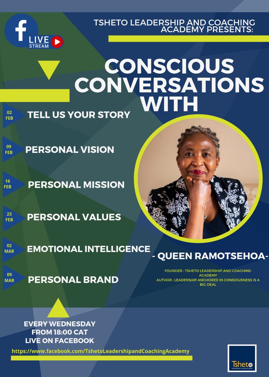 Tsheto_Academy's tweet photo. Join us for a 6 weeks Series as I unpack powerful Tools to use to increase your chances to Live, Lead, Relate and Create Consciously
#tshetocares #LeadershipDevelopment 
#personaldevelopment https://t.co/IpYw6oEVHj