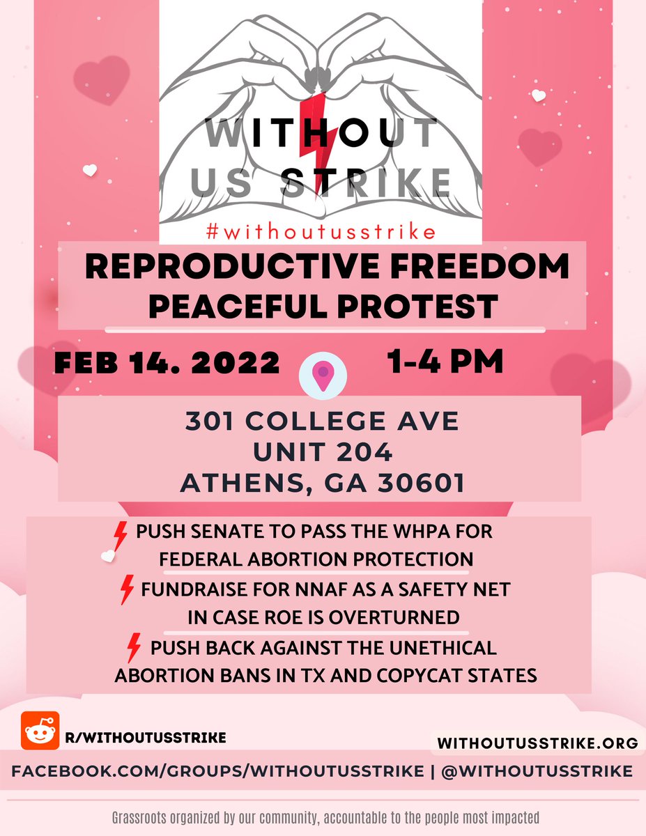 WithoutUsStrike's tweet photo. Hey #AthensGA! We're protesting for abortion rights on #ValentinesDay! Support @AbortionFunds! Will you be our Athens Valentine?
RSVP:
https://t.co/ePxzC8CF8c
#withoutusstrike #UGA #AbortionIsHealthcare #Resist #NNAF https://t.co/G589fipQoD