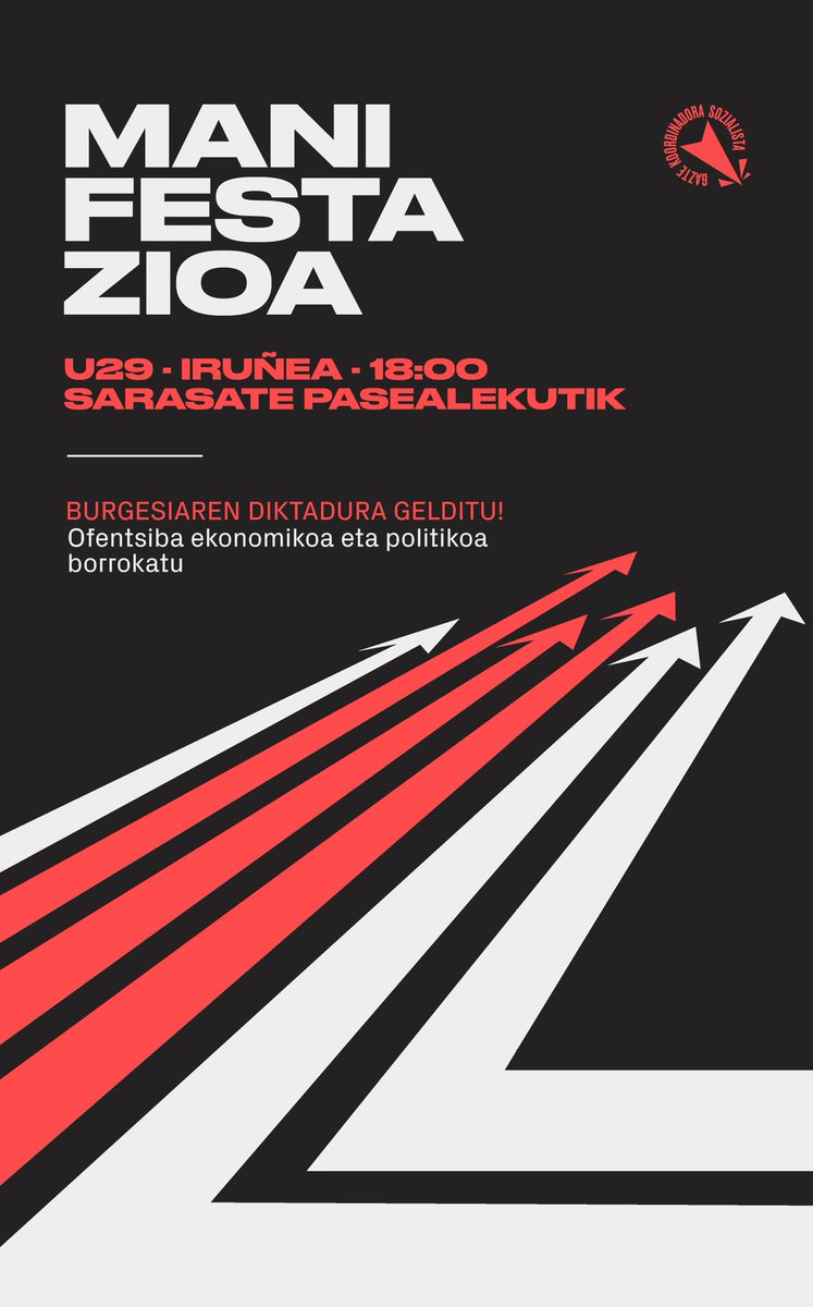 BaranaingoGA's tweet photo. Barañaingo gaztetxetik ere bizi dugun ofentsiba politiko eta ekonomikoari aurre egiteko #U29|ko deialdira batuko gara.

📍Barañaingo gaztetxean
🕔 17:00etan
��� Ekarri bus txartela!

DAGOENA ONARTU EDO BORROKARA BATU! https://t.co/YBTRS45wY0